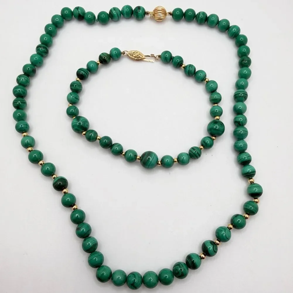 Vintage Malachite and 14kt gold beaded necklace/bracelet set‎ w/ 14kt YG clasps!